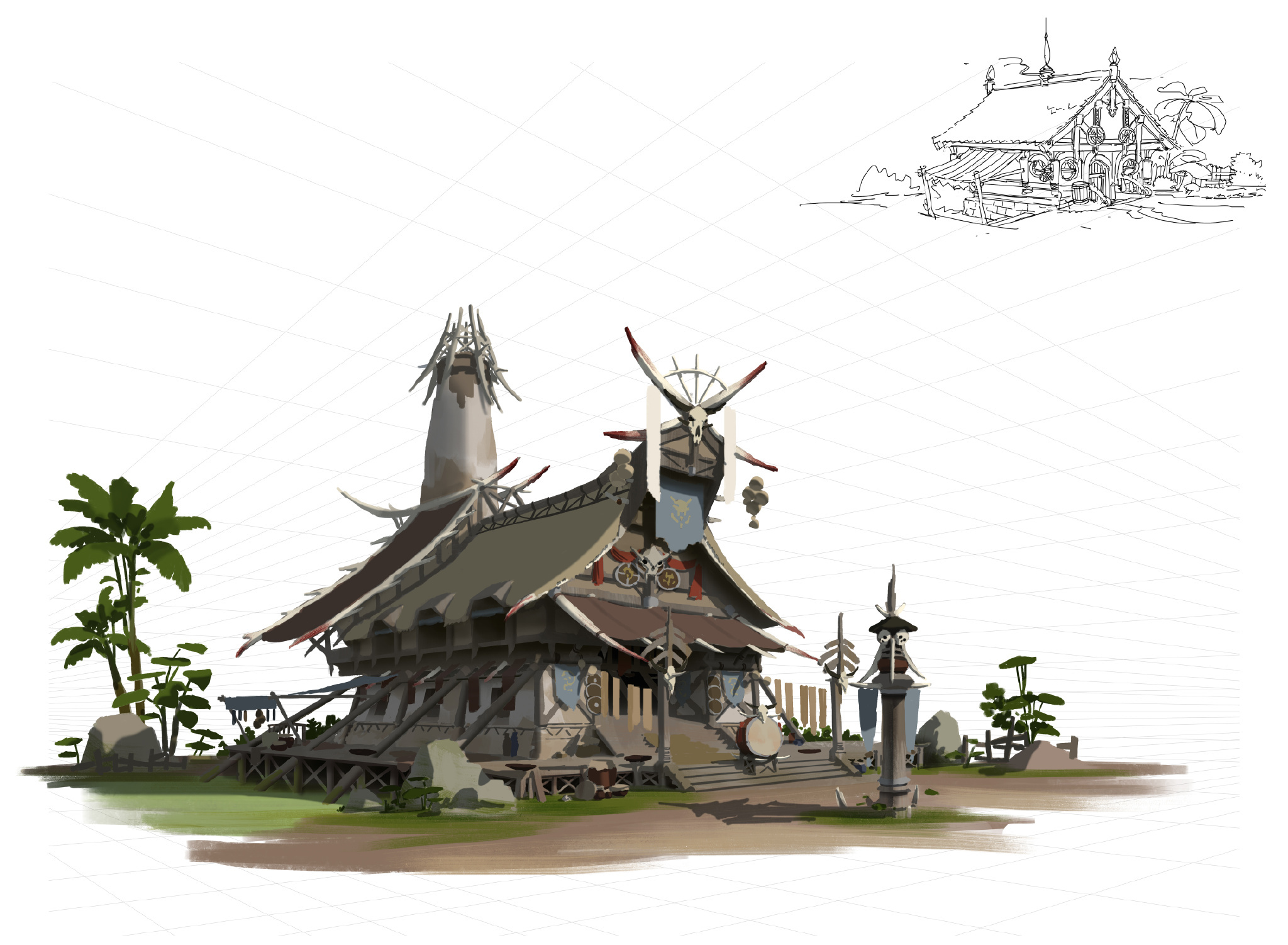 游戲原畫場景設計 部落建筑詳細過程圖